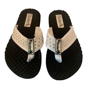 Skechers Sandals Womens Sz 7 Comfy Cali Flip Flops Walk White Thong Rhinestones